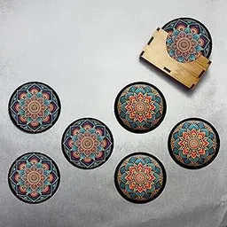 TW Round Coaster Set of 6 Premium Mandala Art Wooden Coasters to Serve Tea Cups, Coffee Mugs and Glasses (3.5 Inch) (Ecofriendly) with Stand for Dining Table, Festive & Home Decor-picture-26