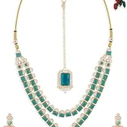 ami Green Stones Dazzling Austrian Diamonds Layered Necklace Earring and Maangtikka Set For Women-ZPFK19787-picture-28