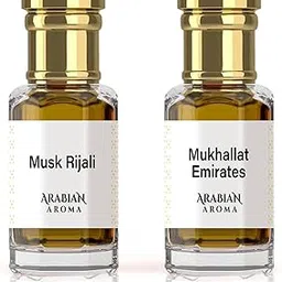 Arabian Aroma Mukhallat Emirates + Musk Rijali Attar Set | White Musk Oil Perfume, Lily of the Valley & Cashmere Woods | Alcohol-Free, Long-Lasting | 100% Pure | Woody Perfumes for Men (6ml)-picture-19