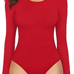 mangopop Women's Round Neck Long Sleeve Tops T Shirt Bodysuit (Long Sleeve (Red), Small)-picture-10