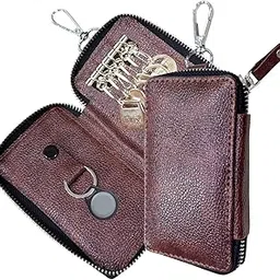PU Leather Large Key Case Pouch Wallet Key Chain Key Holder Ring with 6 Key Hooks,1 IC Key Ring, Metal Buckle with Zipper Closure (7.5X2X12 CM)-image-0