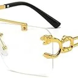 spadeaces Retro Metal Sunglasses with Tiger Decoration, Square Rimless Frame, Gold Arms-picture-28
