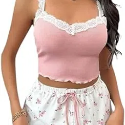 VSNAZ Women's Cotton Pajama Set, Sleeveless Cami Top with Floral Print Shorts, Lace Trim Nightwear, Medium image 1