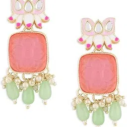 zaveri pearls Pink Meenakari Lotus Design Ethnic Green Beads Yellow Gold Drop Earring For Women-ZPFK14740-picture-28