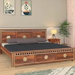 RJ ART Wooden Queen Size Bed Without Storage | Kuber Design Double Bed Cot Bed with Brass Work for Bedroom & Hotel | Palang/Platform Bed | Sheesham Wood | Honey, Recommended Mattress Size: 78 X 60 X 6-image-2