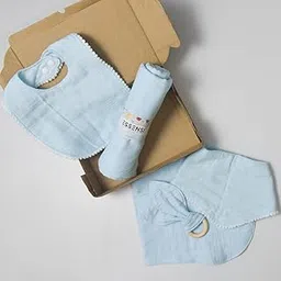 Newborn Baby Gift Hamper | 100% Muslin Cotton Essentials Set with Swaddle, Bibs, Burp Cloth & Teether | Baby Shower Gift Basket for Boys & Girls (Blue)-picture-15