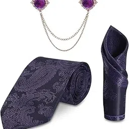 Random Stripe Necktie Set With Pocket Square & Double Chain Stylish Brooch (3 items in Box) Jacquard Self-Design Fabric-picture-12