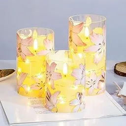 HAPPY HOME MULTI STORE Floral LED Candle Set of 3 | Decorative Flameless Candles with Flickering Light | Flower Printed Glass Candle for Home Décor, Bedroom, Living Room & Gifting (Warm White)-image-57