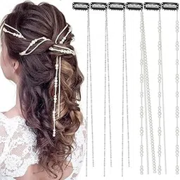 CHIROGRAPHY 6 Pcs Premium Hair Clip, Hair Accessories Set of 6 - Rhinestone Hair Chains & Pearl Hair Extensions with Invisible Black Hair Clips for Braids for Women-image-39