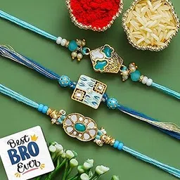 eCraftIndia Set of 3 Kundan Beads Floral Designer Rakhis | Best Bro Ever Fridge Magnet | Roli Chawal Pack | Rakhi for Brother Bhaiya Bhai Bhabhi Kids-picture-43