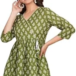 Women's Floral Print Rayon Angrakha Top, Mustard Yellow, 3/4 Sleeve, V-Neck-picture-63