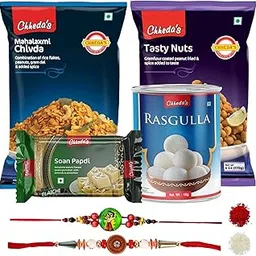 Chheda's Kids Rakhi with Roli & Chawal - Raksha Bandhan Gift Combo - Rasgulla, Elaichi Soan Papdi, Tasty Nuts, Mahalaxmi Chivda - Sweets & Namkeen Gift Hamper - Rakhi for Brother image 1