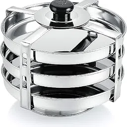 Stainless Steel Dhokla Maker | Thatte Idli Maker 3 Big Plates Set with Stand | Fits in All Cooker, Dhokla Stand with 19cm Plate 3 Wires | Thattu and Khaman Dhokla Plates (4 Wire Dhokla Maker)-image-0