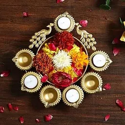 Peacock Urli Bowl for Diwali Decoration Items, Handcrafted Urli Metal Diya Bowl for Floating Flowers & Tea Light Candles, Diwali Gift Items for Pooja Room, Home Décor, Table Decor (Gold) 10 Inch-picture-24