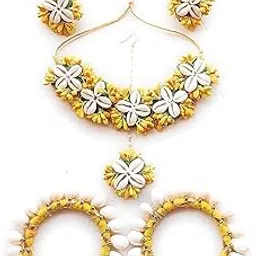 k&k kreation Womens Flower Jewellery Set For Haldi And Mehndi For Bride (Yellow And White)-picture-30