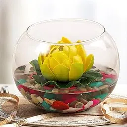 Tied Ribbons Decorative Round Glass Vase with Artificial Lotus Flower and Natural Stones for Home Decor Living Room Bedroom Office Hall Pooja Room Gift Item-picture-19