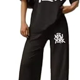 one amore Women's New York Print Co-Ord Set, White Oversized T-Shirt and Relaxed Pants, Casual Loungewear-picture-50