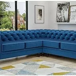 SOFALIZE - Modern L-Shaped Sectional Sofa, Button Tufted Velvet with Rolled Arms, Traditional Chesterfield Design, Wooden Legs, Sofa for Living Room, Bedroom, Guestroom (Blue)-image-15