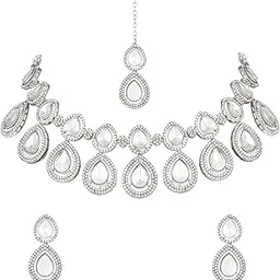 i jewels Silver Plated Traditional Stone Choker Necklace Jewellery With Earrings Set for Women/Girls-picture-56