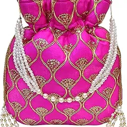 mahvarya Ethnic Women’s Magenta Silk Potli Bag with Pearl Handle, Golden Latkan & Sequin Embroidery – Ideal for Weddings, Festive Functions & Parties-picture-16