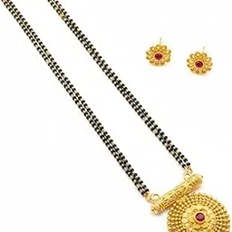 Traditional Maharashtrian Mangalsutra with Round Pendant & Earrings | Gold Plated Black Bead Long Chain | Micropolish Mangal sutra Design Jewelry for Women & Girls-image-27
