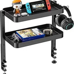 2-Tier Clamp On Desk Shelf, 16 inch Adjustable Above or Under Desk Storage Shelves Holds Heavy Duty Desktop Organizer with Headphone Holder for Working and Gaming (Black) image 1