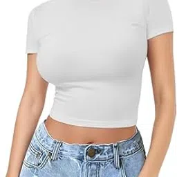 xolani Womens Square Neck Short Sleeve Crop Top Double Lined Slim Fitted Basic Tee Going Out Cute Summer T Shirt Trendy VX12-picture-59