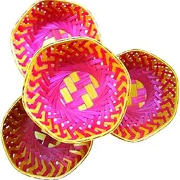 On Blow Pack of 4 Natural Hand Made Multipurpose Bamboo Baskets Hexagonal Shape Tokri (Small Size) | Red and Bamboo Color for Fruits Vegetables Storage Home Decor Gift Items (14 * 14 * 5 Cms LWH)-image-4