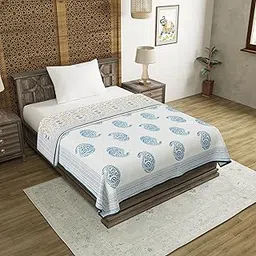 BLOCKS OF INDIA Hand Block Printed Cotton Single Size Reversible Malmal Dohar for Summer (Blue Jaal)-picture-27
