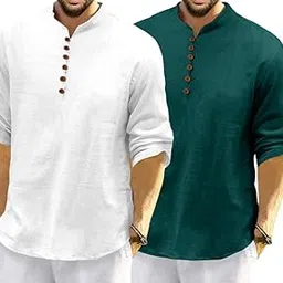 macsivo Men's Cotton Blend Kurta with Solid Band Collar Full Sleeve Button Closure Regular Fit Curved Hem Length | Kurta for Man | Combo Pack of 2-picture-14