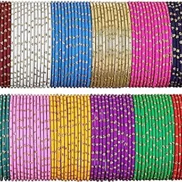 nmii Multi Colour Metal Bangles Combo Set for Women & Girls | Golden Polka Dots & Cutting Design | Plain Chudi Set | Daily Use Bangles-picture-47