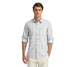 arrow sports Men Grey Checkered Spread Collar Full Sleeve Casual Cotton Slim Fit Shirt-picture-18