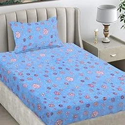 FABINALIV Blue Floral Woollen Single Bedsheet with Pillow Cover (FLWSBS-1152-Blue)-picture-32