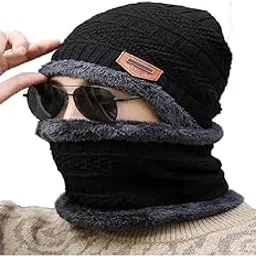Woolen Hat Cap,Woolen Neck Warmer Scarf Men & Women Winter Woolen Cap Hat Woolen Neck Warmer Scarf Set for Men & Women only black color-picture-36
