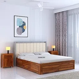Ganpati Arts Solid Sheesham Wood Hynes Queen Size Bed with Box Storage and Upholstered Headboard Wooden Double Bed Cot Palang Furniture for Bedroom Living Room Home (Natural Finish)-image-36