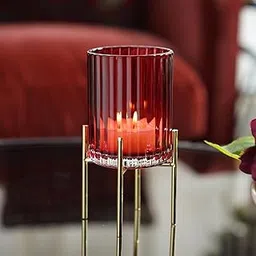 Pure Home + Living Red Ribbed Glass Hurricane with Metal Stand-picture-27