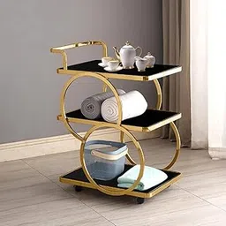 Brown Art SHOPPEE End Table Bar Trolley 3-Tier Metal Serving Trolley with Gold Elegant Home and Restaurant Mobile Cart for Effortless Food Serving Coffee Table for Living Room (Golden Black)-image-46