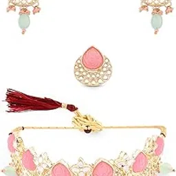 zaveri pearls Pink & Green Kundan Choker Necklace Earring & Ring Set For Women-ZPFK14431-picture-43