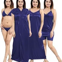 SHENTERPRISES Women's Satin 6 Piece Nightwear Set | Solid Night Suit Set with Lace Fabric Nightdress for Women and Girls | Soft and Comfortable Nightwear Set-picture-11
