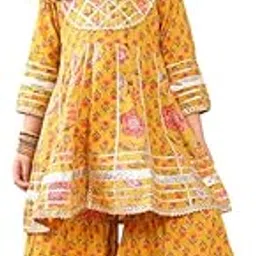 superminis Girls Cotton Floral Printed Gotta Work 3/4 Sleeves Flared Design Kurti & Sharara Set-picture-45