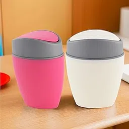 Kuber Industries 2 Pcs Mini 1.25 Ltr Dustbin for Study Table/Bedroom/Bathroom with Swing Lid | Portable Small Dustbin for Kitchen Sink | Table Top Office Desk Trash Can Waste Bin | White & Pink-picture-25