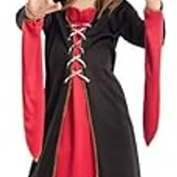 DEVARSHEE Girls Halloween Witch Costume – Red & Black Long Gown with Hood and Lace-Up Front | Gothic Sorceress Fancy Dress for Parties, Cosplay & Trick-or-Treat-picture-21