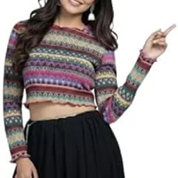 Women's Cropped Aztec Print Long Sleeve Top, Multicolor Traditional Pattern-picture-29