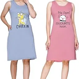 white moon Night Dresses for Women Cotton (Combo), Knee Length Night Dress, T Shirt Nighty for Women, Single Piece Night Dress for Women, Cotton Printed Nighty (Pack of 2)-picture-11