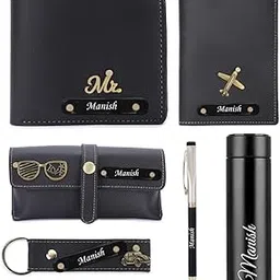 walletkart Personalized Leather Name Men's Wallet Pen Keychain Passport Cover and Eyewear case with Temperature Bottle | Customized Gift Combo for Boyfriend Friend Husband Father & Son (Black)-picture-31