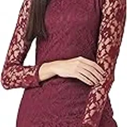 miss chase Women's Maroon Round Neck Full Sleeves Lace Bodycon Mini Dress-picture-35
