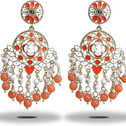 Hand-Painted Meenakari Earrings with Pearl Beads, Traditional Indian Gold-Plated Chandelier Design, 10cm Drop Length |Traditional Pearl & Bead Detailing | Long-Lasting Gold Finish Ethnic Earrings for Wedding, Festive & Party for woman and girls-picture-58