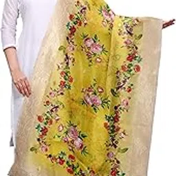 ultimate trends Jacquard Banarasi Silk Printed Floral Design Dupatta for Women (Yellow, Free Size) image 1