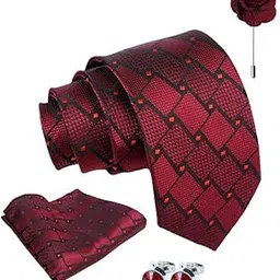 axlon Checkered Tie For Men – Formal Ties Set With Pocket Square, Cufflink & Flower Pin With Gift Box For Mens, Silk Fabric Neckties Gift Sets For Men’s (CH1) image 1