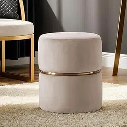 JUMBO CRAFTS Wooden Puffy Round Footstool - Ottoman Stool for Living Room Furniture Round Ottoman - Sitting Pouffe Ottoman Stool/Room Dcor/Office Stool - Cream-image-1